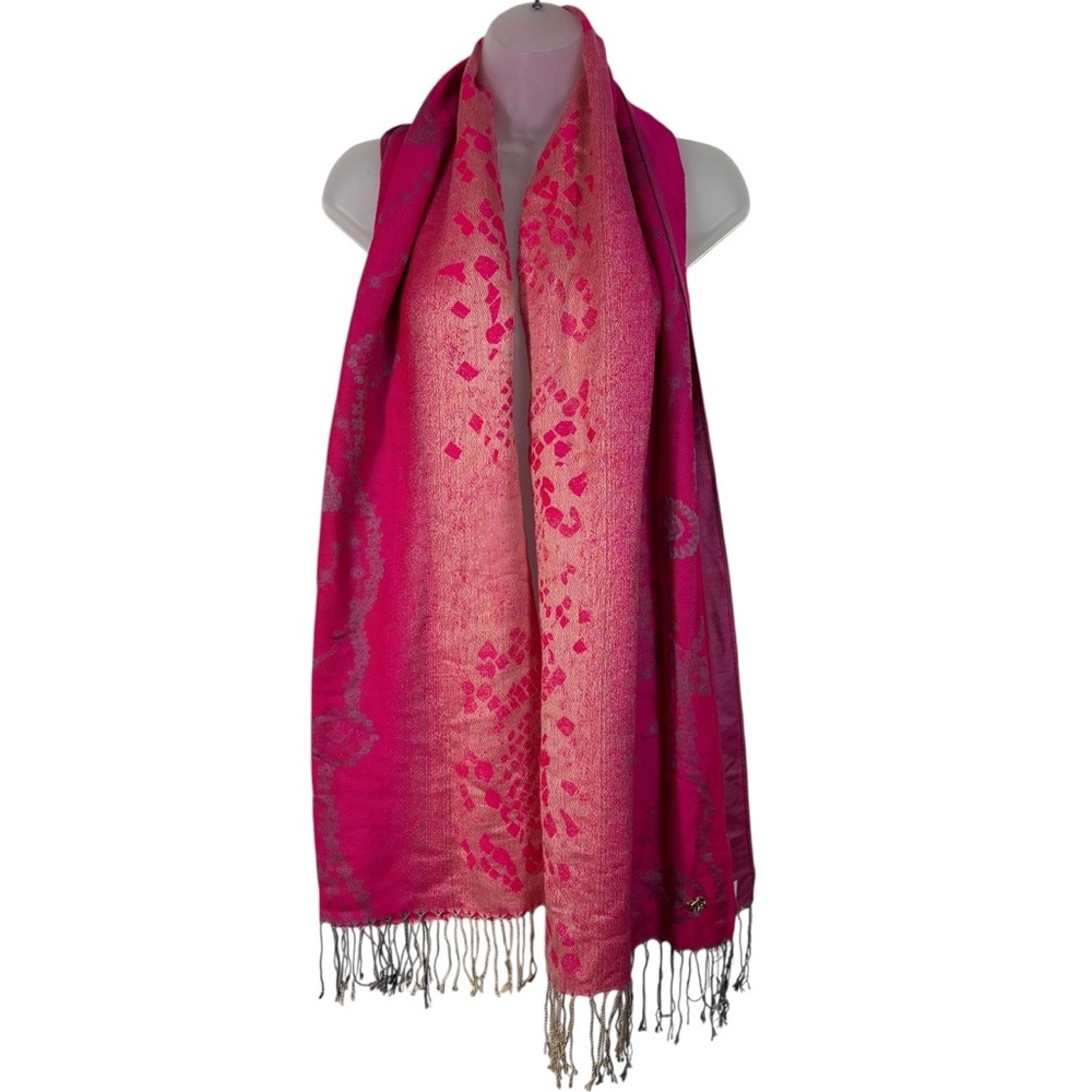 Adrienne Vittadini Hot Pink Gold Metallic Fringe Jacquard Oblong Scarf Wrap NWT